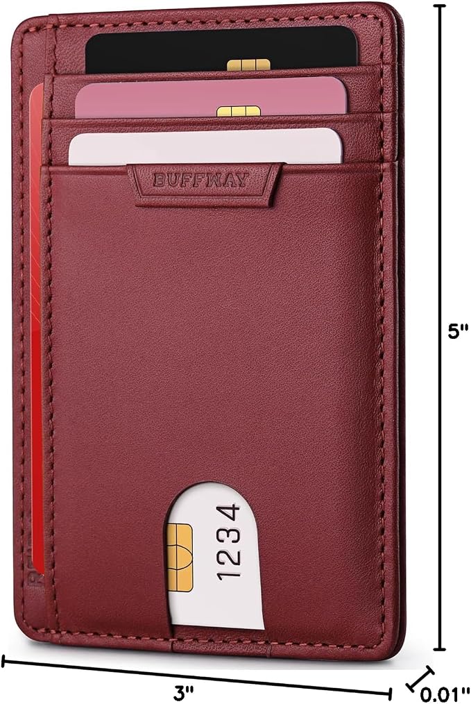 Buffway Slim Wallet for Men Women Minimalist Small Leather Front Pocket Wallets with RFID Blocking and Gifts Box - Bassa Mars Red