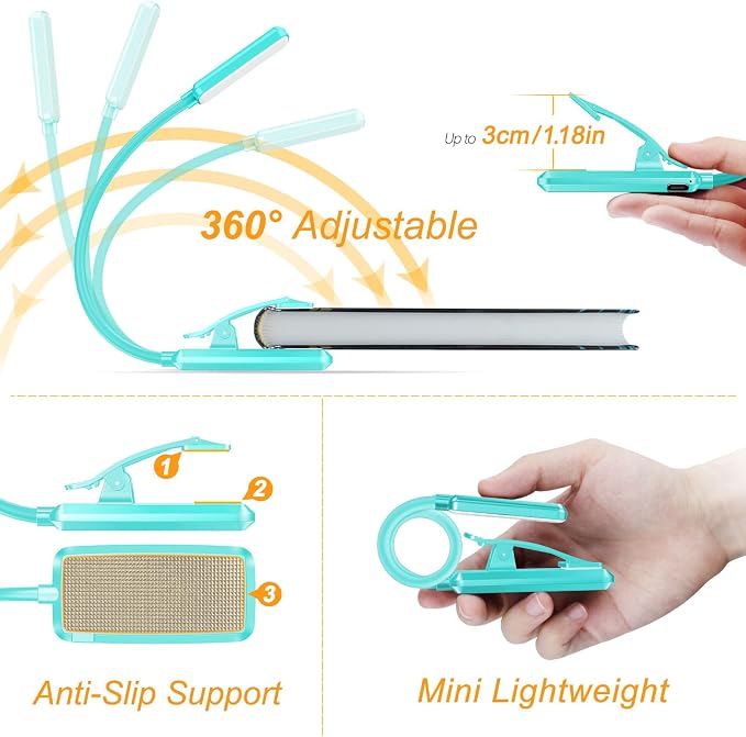 Gritin 9 LED Rechargeable Book Light for Reading in Bed | Eye Caring 3 Color Temps,Stepless Dimming Brightness,80 Hrs Runtime Small Lightweight Clip On Book Reading Light-Blue