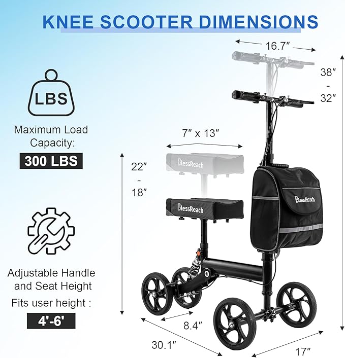Knee Scooter Steerable Knee Walker Deluxe Medical Scooter for Foot Injuries Adult Compact Crutches Black