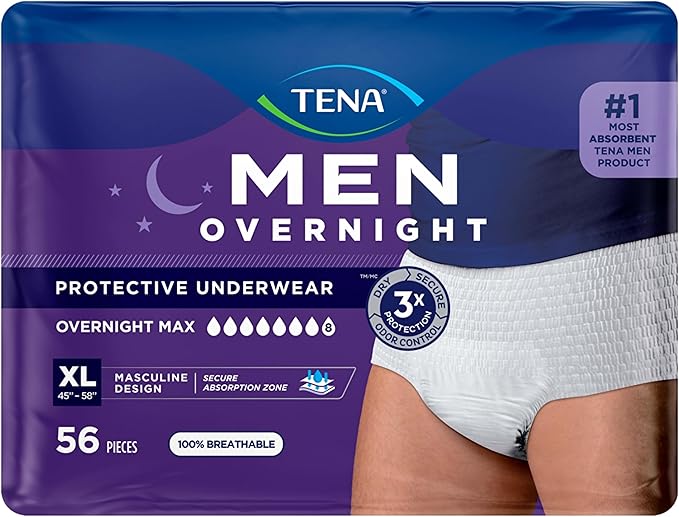 Tena Men Protective Incontinence Underwear for Men, Overnight Max, XL, 56 Count (Waist Size 45in-58in)
