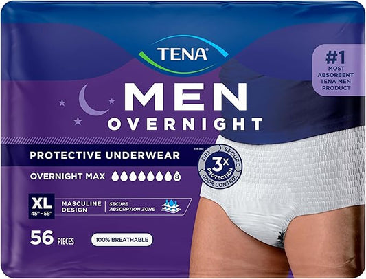 Tena Men Protective Incontinence Underwear for Men, Overnight Max, XL, 56 Count (Waist Size 45in-58in)