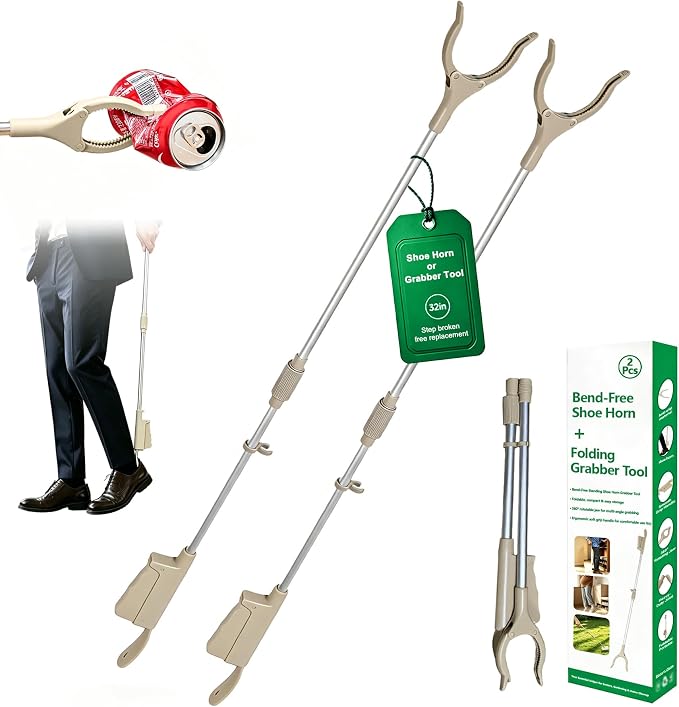 34" Folding Reacher Grabber Tool with Shoe Horn, 2-in-1 Trash Picker Upper Grabber, 360° Rotating Jaw Long Handy Trash Claw, Lightweight Pick Up Stick for Elderly, Litter, Garden (Gray, 2-Pack)