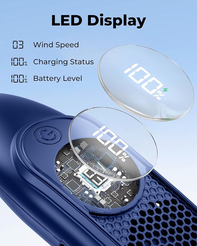 Portable Neck Fans that Blow Cold Air, Wearable Bladeless Neck Fan, Rechargeable 360°Personal Fan Neck Cooler, 3-Speed, LED Display, 4000mAh, Type-C Port, For Travel, Birthday Gift for Women-Blue