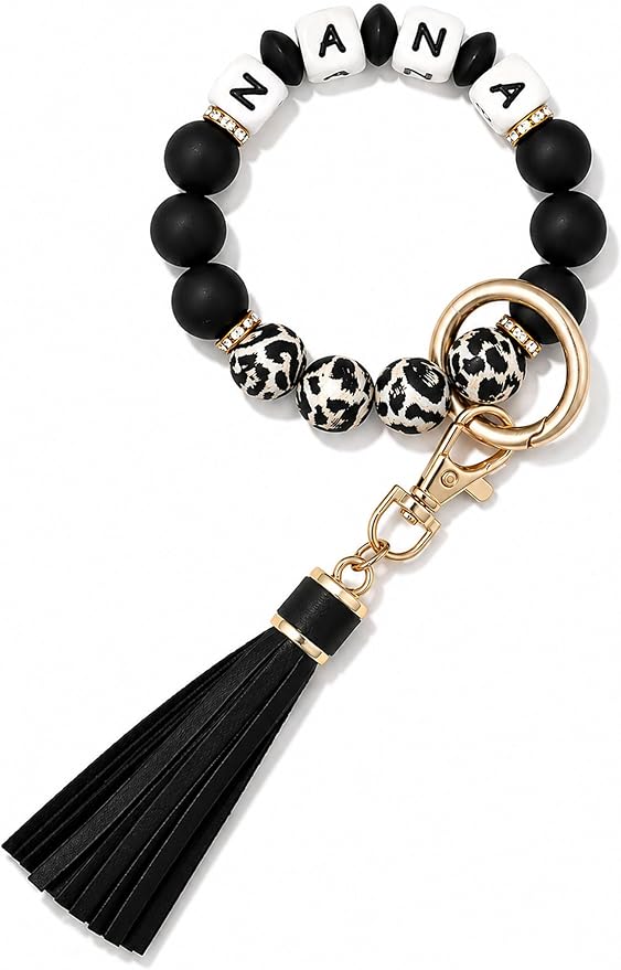 BAOSIWA Silicone Beaded Bracelet Keychain Wristlet Key Ring Bangle Chains for Women with Leather Tassel