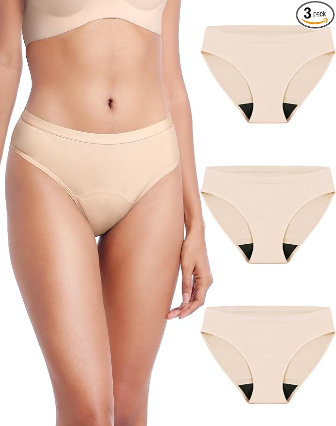 AIRCUTE Washable Leak Proof Incontinence Underwear for Women Absorbency Bladder Control Briefs 70ML,3 Pack (2XL,3 Beige)