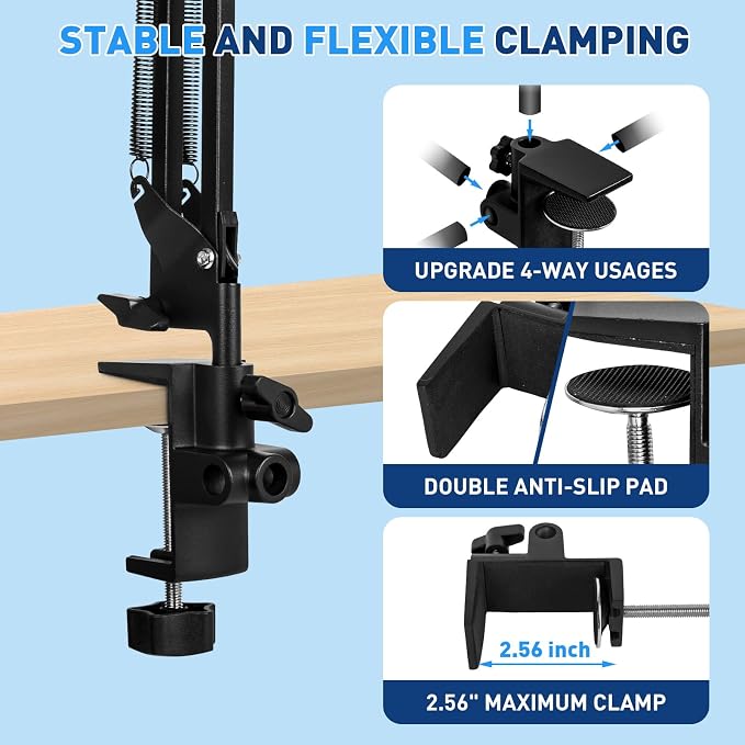 HITTI 12X Square Ultra Long Magnifying Glass with Light and Clamp | 3-Section Arm Hands-Free Lighted Stand, 5 Color Modes & Stepless Dimming LED Desk Lamp for Workbench, Modelling, Puzzle-Blue