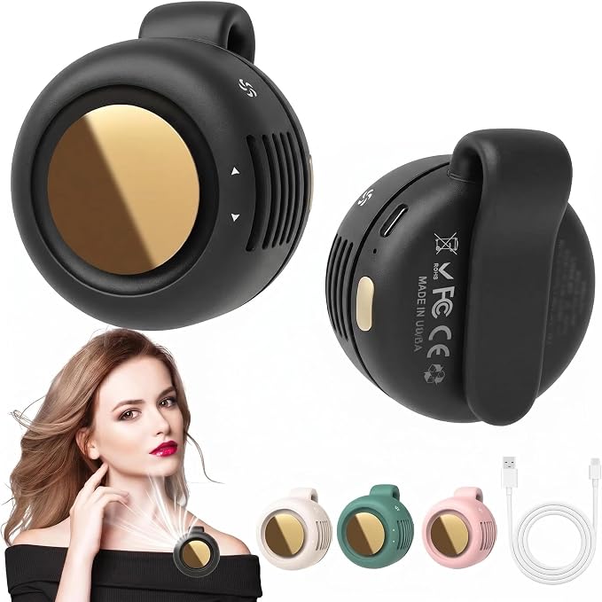 Portable Silent Mini Bladeless Fan Clip On, Small Fan Clip on for Shirt & Waist, Adjustable 3-Speed Suspended Whirlwind Fans, For Outdoor & Travel & Office, Travel Accessories, Gift (Black)