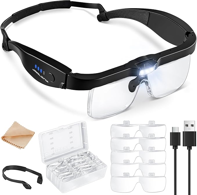 JARLINK Magnifying Glass with Light, 5 Lenses, Rechargeable Headset | Features 5 Lenses (0.75-4.0X) and 3 LED Lights. Rechargeable Headset Magnifier for Close Work, Crafts, and Model Makers