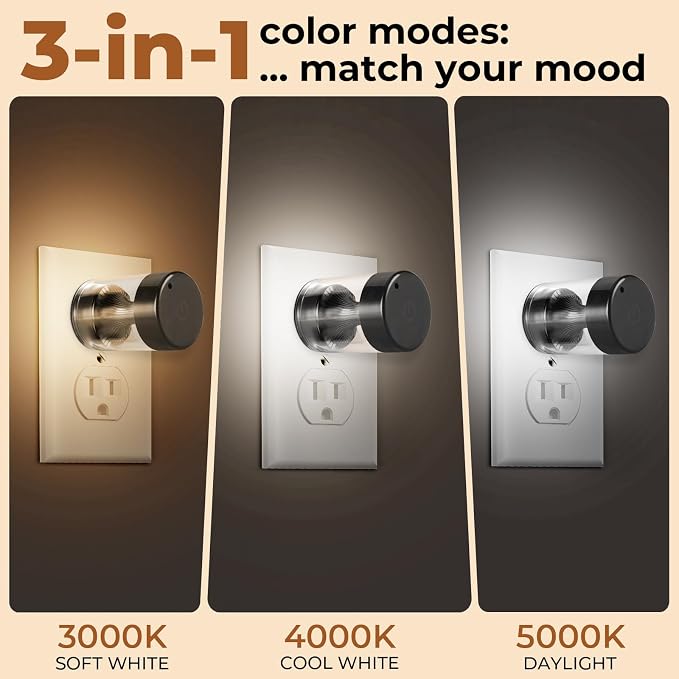 GEPLAD Dimmable LED Night Light Plug in Wall, Touch Control & 3-Color Temperature (3000K-5000K) Nightlight with Dusk to Dawn Sensor, IP65 Waterproof for Bathroom,Nursery,Kids Hallway,Stairs 2 Pack