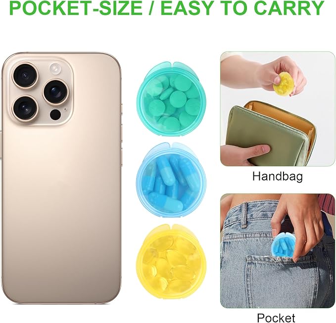 Small Pill Case, 8 Pack Round Pill Storage Boxes, Portable Tiny Pill Organizer Container for Pocket Purse, Compact Plastic Medicine Caddy Dispenser for Work, Caping, Trip, Travel - Colorful