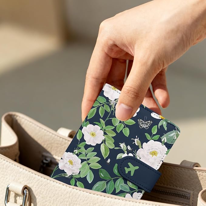 Passport Holder, Cute Travel Wallet Cover with RFID Blocking,flower | PU leather travel wallet with magnetic closure, card slots, pen loop, and easy access for passports and essentials.
