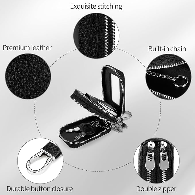 SENDEFN Car Key Fob Case Double Zipper Leather Smart Remote Keychain Protector Holder with Transparent Window