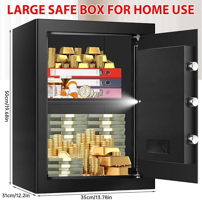 3.4 Cubic Home Safe Fireproof Waterproof, Fire Safe Box for Home with Digital Keypad, Key Lock and Alarm System, Anti-theft Security Safes Water and Fireproof for Document Medicine Money Valuables
