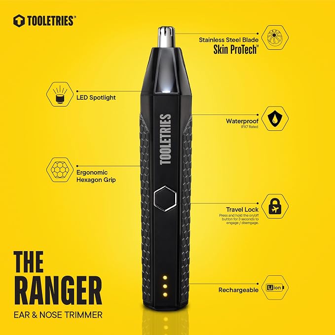 TOOLETRIES The Ranger Nose & Ear Hair Trimmer for Men - Black | Rechargeable waterproof trimmer with stainless steel dual-edge blades, LED spotlight and travel lock.