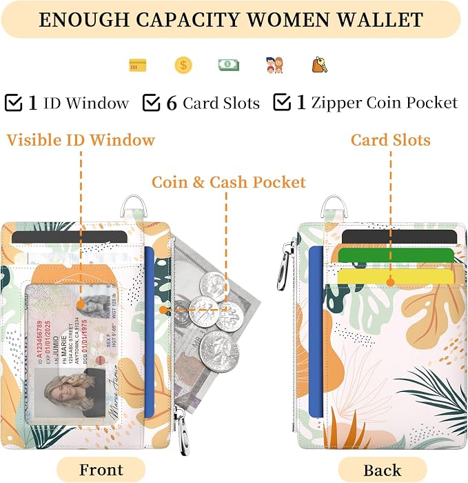 Hancynir Boho Leaves Slim Wallet Women Credit Card Holder, RFID Small Cute | Zipper Pocket Wallet, Thin Travel Coin Purse, Ladies Women Gifts, Minimalist Card Case, 6 Card Slots, ID Window, PU Leather