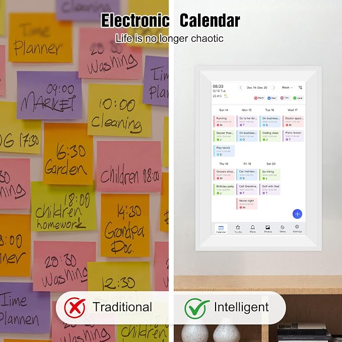 10.1" Smart Digital Wall Calendar Interactive Display for Family Schedules Wall Planner with Chore Charts Meal Planning Task Rewards 32GB Storage 1280x800P IPS Touchscreen Digital Picture Frame White