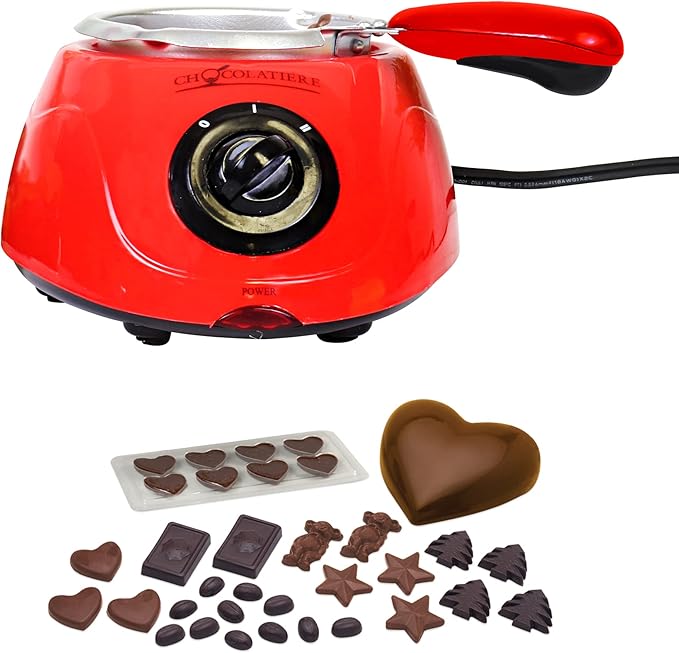Total Chef Electric Chocolatiere Melter 32+ Accessories Fondue Pot Set Chocolate Fountain and Candy Melts 8.8 oz (250 g) DIY Candy Maker Dessert Special Occasion Gift Set for Romantic Dinner Red