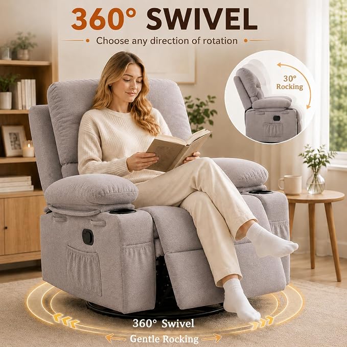 Recliner Chair for Adults, Swivel Rocker Recliner with Massage and Heat, Nursery Glider Recliner, Manual Reclining Chair with Cup Holder and Side Pocket, Rocking Chair for Bedroom, Gray