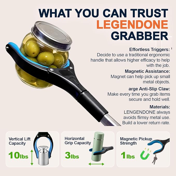36" Grabber Reacher Tool, LEGENDONE Foldable Reacher Grabbers Pickup Tool for Senior, Post-Surgery Heavy Duty Upper Gripper, Wide Claw Trash Picker, Strong Grip| Powerful Magnet| 360° Rotating Head