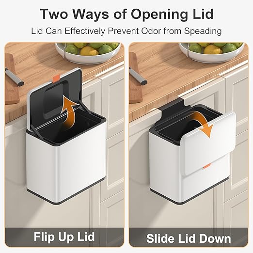 Mbillion 1.05 Gal White Hanging Stainless Steel Compost Bin | 4L trash can with lid, cabinet & under sink door mount design, for kitchen, RV and bathroom food waste storage
