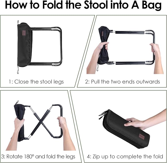 MOONCY Portable Stool, 13 Inch Small Folding Stool for Adults, Ultralight Black Camping Stools for Hiking and Fishing, Hold Up to 265 LBS