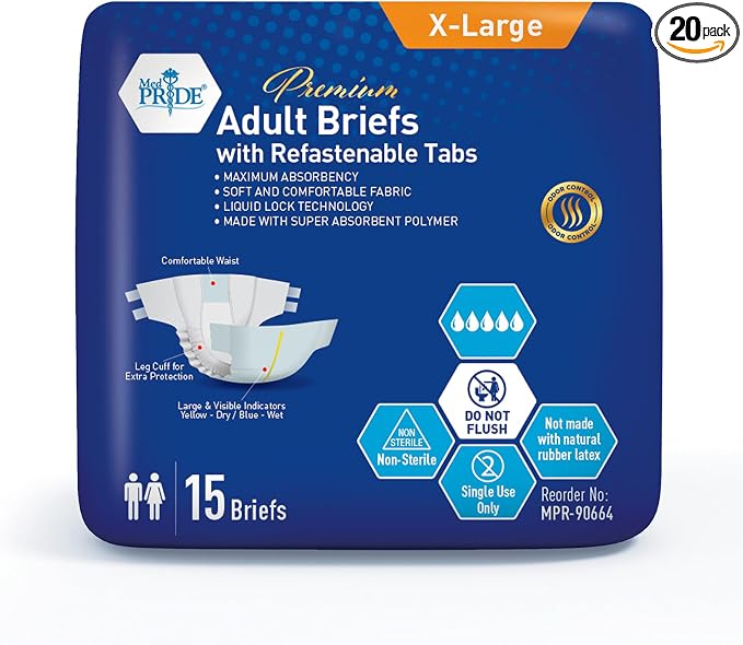 MED PRIDE Maximum Absorbency Adult Briefs for Incontinence with Refastenable Tabs - Ultra-Absorbent Adult Diapers for Men & Women- Bladder Control Unisex Disposable Underwear (X-Large - Bag of 15)