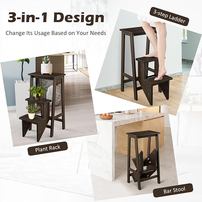Costzon Folding 3 Step Stool, 3 in 1 Wooden Step Ladder with Handle, Non-Slip Pedal, Multifunctional Storage Shelf, Flower Rack for Kitchen, Library, Garage, Foldable Step Stool for Adults Kids