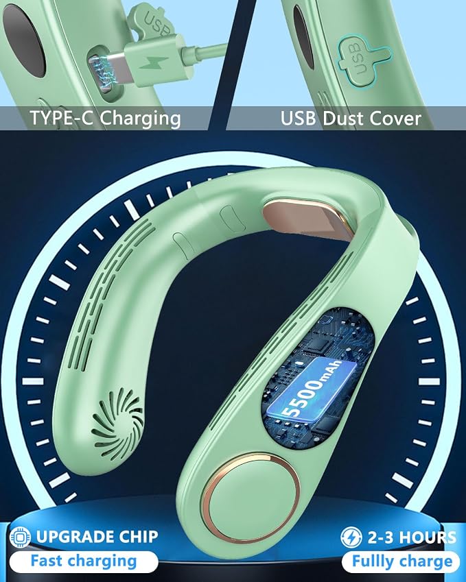 Personal Neck Air Conditioner with Cooling Plates, 5500mAh Long Battery Life, Silent Wearable Cooling Neck Fan, Bladeless lightweight Headphone Fans for Hot Flash Women Adult Outdoors, Light Green