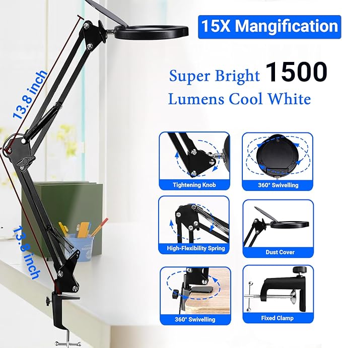 15X Magnifying Glass Desk Lamp with Clamp, Real Glass Lens, 84 LEDs, 5 Color Modes Dimmable, Led Lamp Magnifier with Dust Cover, USB Charger, Clean Cloth, Ideal Gift for Seniors, Crafters, Hobbyists
