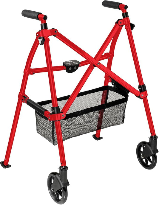 Stander Wonder Walker Plus, Lightweight Folding Mobility Aid for Adults, Seniors, and Elderly, Collapsible Travel EZ Fold-N-Go with Wheels, Glides, & Basket, Sport Red