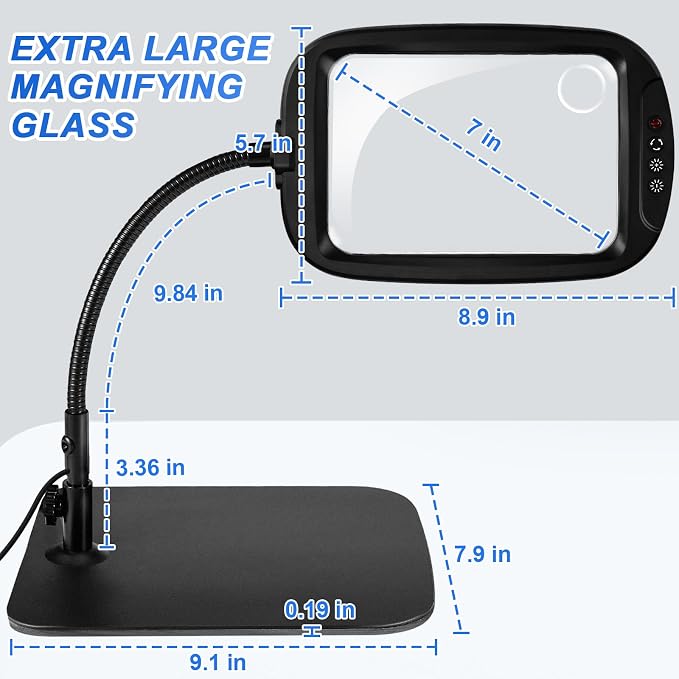 10X 30X 7'' Extra Large Magnifying Glass with Light and Stand, 5 Color LED | 5 Modes Dimmable LED Magnifying Lamp with Flexible Gooseneck, Hands Free Magnifier for Reading Close Work Seniors Low Vision