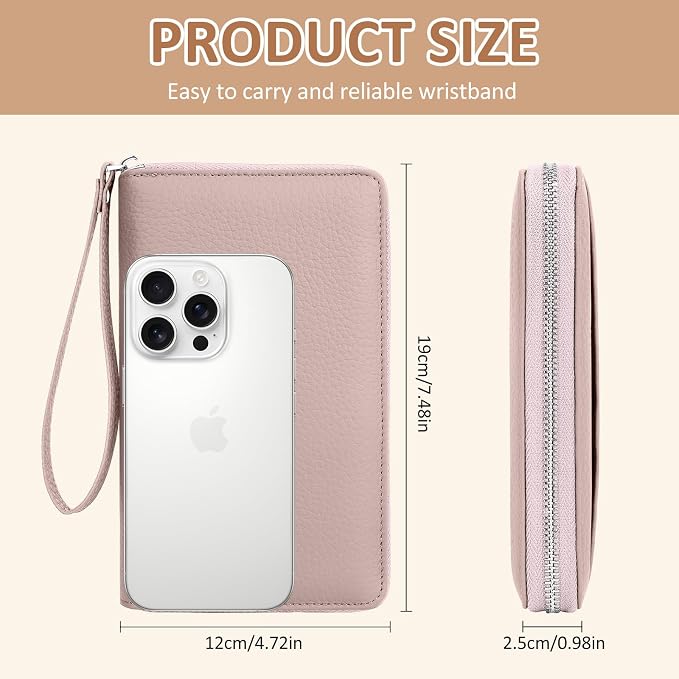 RFID Passport Holder for Travel Family with Coin Pocket, Pink | Leather Passport Cover for 2, Travel Document Organizer with Wrist Strap & 24 Card Slots, for Women Men