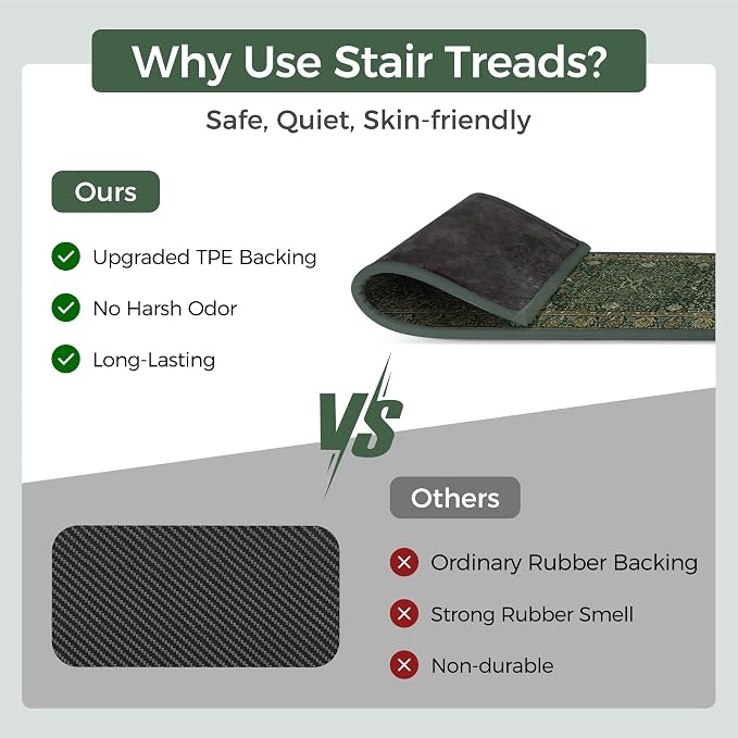 sarben 8"x30" Non Slip Stair Treads for Wooden Steps 15Pk, Dark Green Multi | Peel and Stick Carpet Stair Runner with TPE Adhesive Backing, Carpet for Added Safety, Pet and Senior Friendly