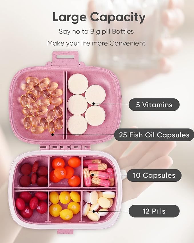 Holii Travel Pill Organizer, 8 Compartments Portable Pill Case, Daily Pill Box to Hold Vitamins, Small Pill Container for Pocket Purse Medicine Organizer（Pink）