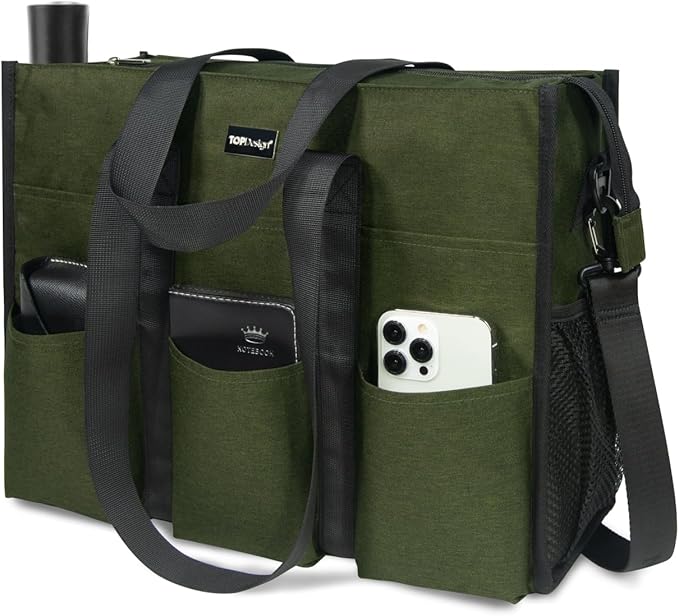 TOPDesign Utility Water Resistant Tote Bag with 22 Pockets, Top Zipper Closure & Thick Bottom Support, for Working Women
