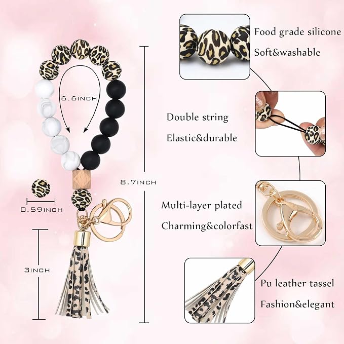 BAOSIWA Silicone Key Ring Bracelet Wristlet Keychain Unique Beaded Bangle Key Chains for Women with Leather Tassel