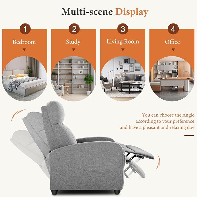Sweetcrispy Recliner Chair Fabric Recliner Sofa No Massage, Home Theater Seating with Lumbar Support, Adjustable Push Back Overstuffed High-Density Sponge Reclining for Living Room, Slate Gray