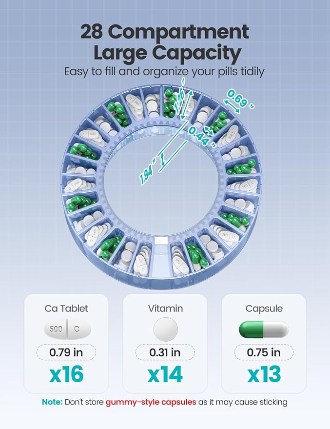 28-Day (1X) Automatic Pill Dispenser, No APP with Alarm & Desiccant | Easy medication management with Sound & Light Alerts, One-Press Dispensing, Large Compartments for Pills, Tablets & Capsules