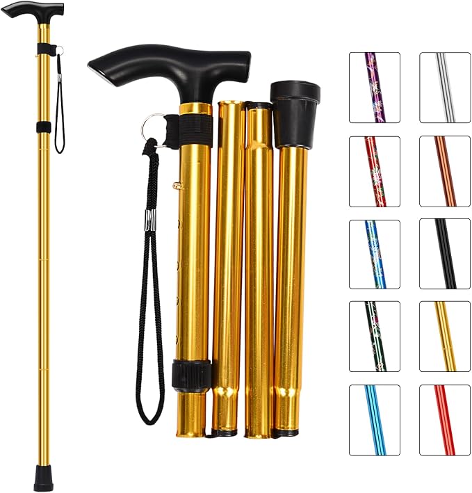 MFE Folding Cane, Portable 5-Level Adjustable Height Walking Stick with Foldable Design, Wrist Strap, and T Handle for Men and Women