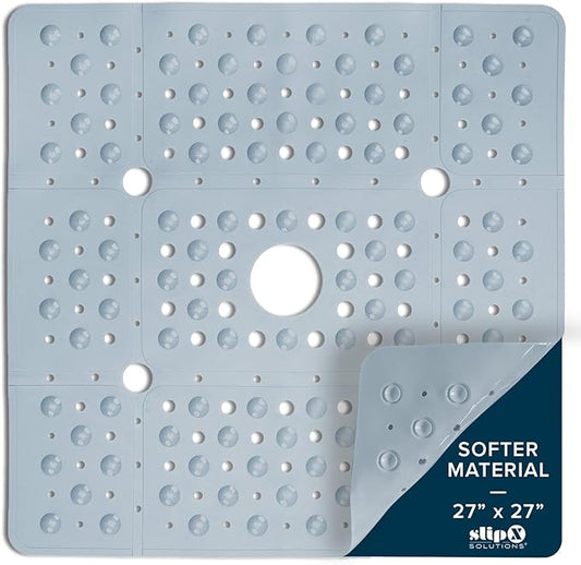 SlipX Solutions 27" Oversize Square Shower Mat, Non-Slip Mat for Elderly & Kids, 100+ Power Grip Suction Cups for Smooth Surfaces, Machine Washable, Solid Gray