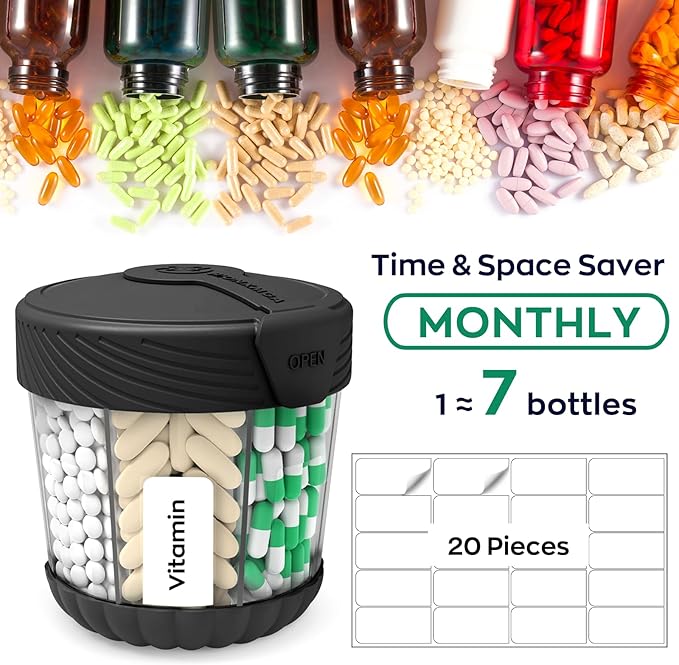 Large Pill Dispenser, Portable Pill Bottle Organizer for 7 Vitamins, Anti-Mix Supplement Organizer with Easy Twist Wide Opening, BPA-Free Pill Container, 20 Pcs Labels Included, Black