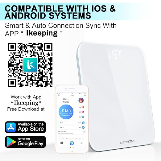 Scale for Body Weight, High Accuracy Bathroom Digital Scales, Bluetooth Weighing Scale, Unlimited Users, LCD Display, Round Corner Disign, Compact Size with Sturdy Tempered Glass 400lb- White