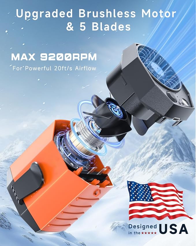 JKBOOM Portable Waist Fan, 9200RPM High Speed Wearable Fan, Mini Rechargeable Personal Fan for Jobsite & Outdoor, 25H Runtime, 25dB Quiet, Belt Fan with LED Flashlight for Men, Orange