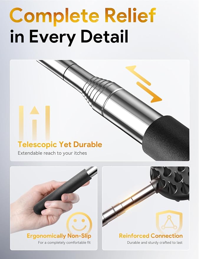 Telescoping Back Scratcher with 5 Detachable Heads, Gift for Men Black | 10-30" Reach, Stainless Steel Pole, Rubber Grip, Christmas Stocking Stuffers, White Elephant, Anniversary and Birthday Gift