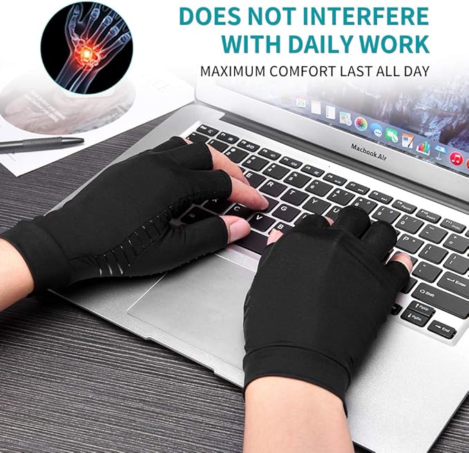 2 Pairs Copper Arthritis Gloves for Women Men, Fingerless Breathable & Moisture Wicking Arthritis Compression Gloves for Computer Typing and Dailywork of Hands joint Support (Medium)