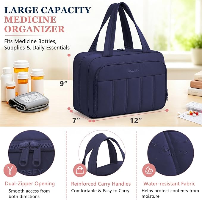 BAGSFY Travel Medicine Bag with 2 Separate Compartments, Wide-Opening Medication Organizer, Puffy Medical Storage Bag for Prescription Bottles, Pill Cases, Medical Supplies,Travel & Family Emergency
