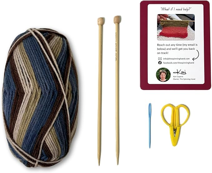 The Spinning Hand Knitting Kit for Beginners Adults – Educator-Designed, Self-Striping Wool Yarn, Bamboo Needles & Video Tutorials (Timber)