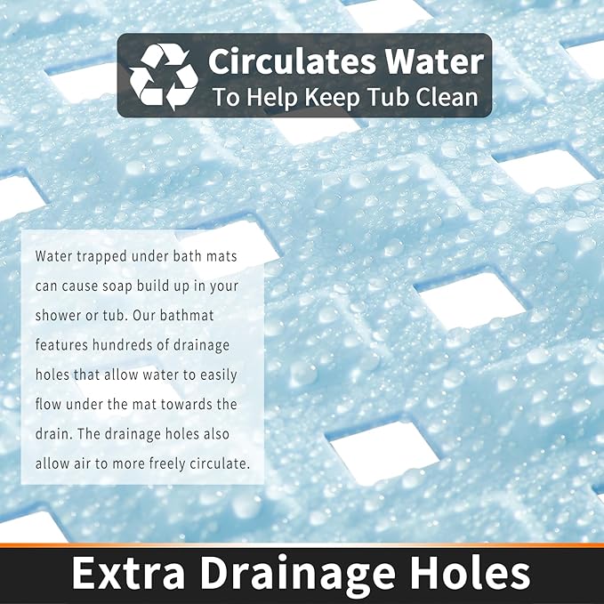 Yimobra Bathtub Mat Non Slip, Super Strong Suction Cups, 27.5"x15.5" Long Shower Mat with Drain Holes, Machine Washable Fast Draining Bath Mats, Bathroom Essentials,Light Blue