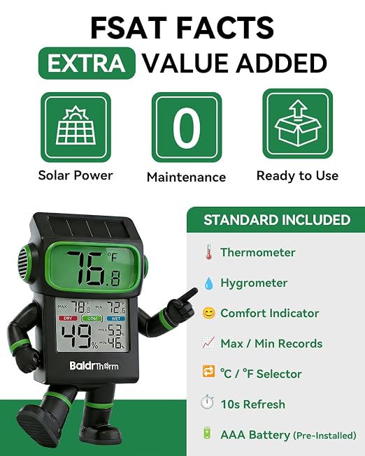 BALDR Solar Indoor Thermometer Hygrometer, Max/Min, Comfort Meter（Black） | Solar & Battery Dual Power |No Setup or App Required |Clear Comfort Level Indicator |Flexible Desk or Wall Placement