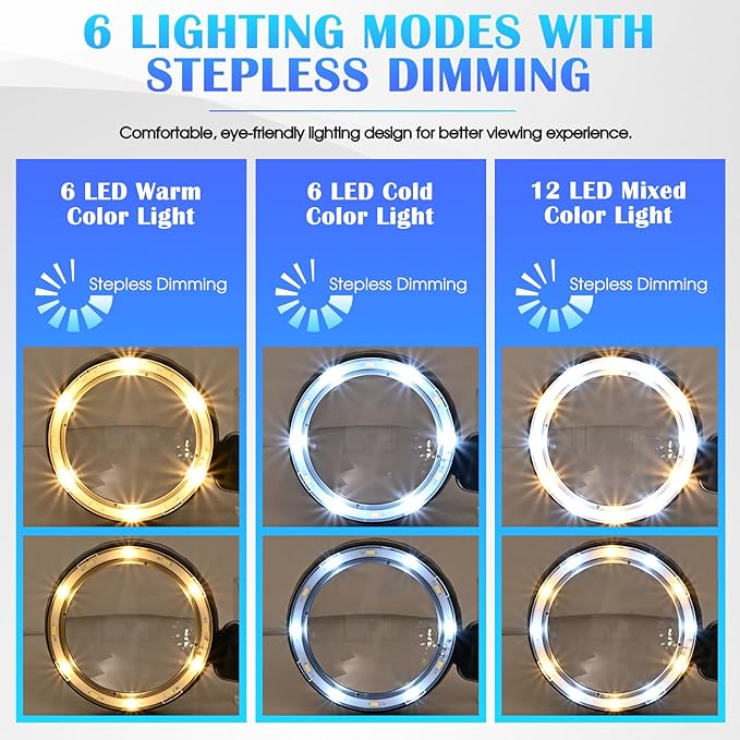 45X Magnifying Glass with Light, 4.6-Inch 1200mAh USB Rechargeable, 6 Color Modes for Low Vision Seniors, Reading, Jewelry & Coin Appraisal - Black Silver